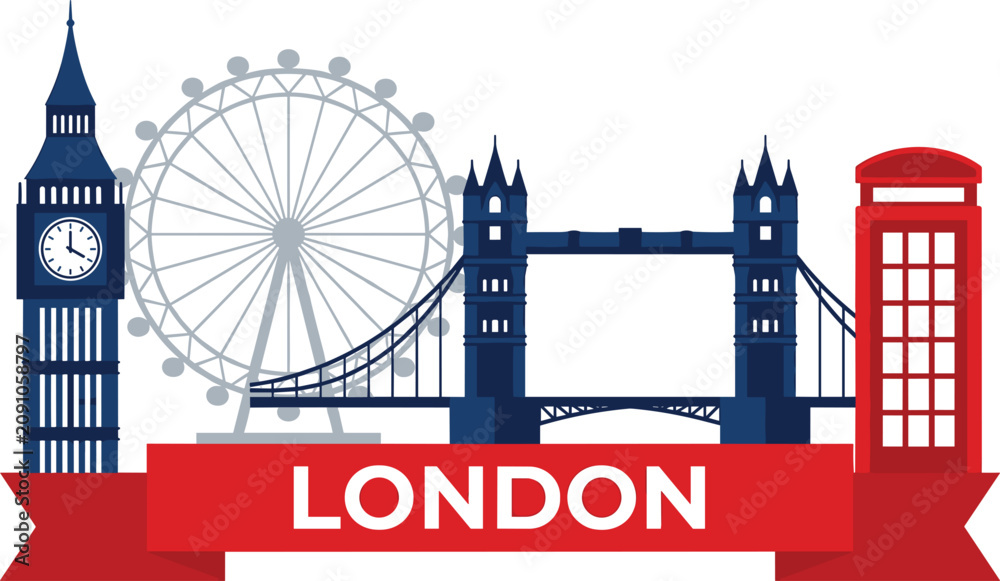 Obraz premium London City Landmarks Vector Illustration, Big Ben Clock Tower London Eye Tower Bridge and Telephone Booth with Banner on White Background