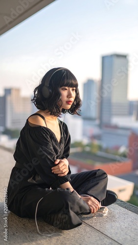 Woman in black, listening to music, city view