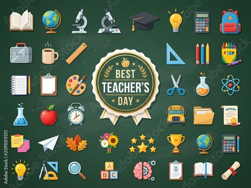 Best Teacher's Day Badge with School Education Icons Collection on Green Background