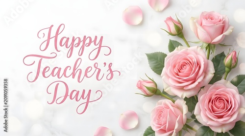 Happy Teacher's Day Elegant Pink Rose Floral Greeting Card with Soft Botanical Background