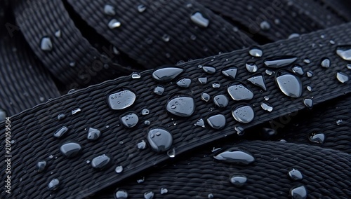 Macro close up of water droplets resting on a dark woven synthetic fabric ribbon