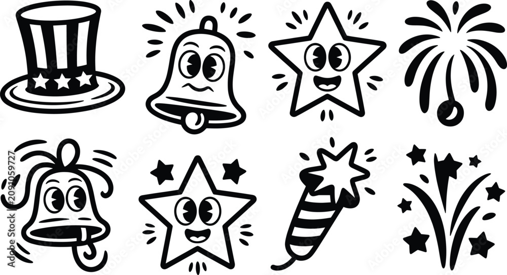 Fototapeta premium Cute Cartoon Patriotic Icon Set with Smiling Stars, Uncle Sam Hat, Liberty Bell, Firework, and Firecracker Characters for 4th of July