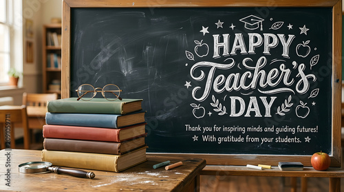Happy Teacher's Day Chalkboard with Books and Classroom Education Background Illustration