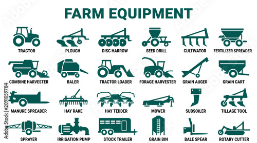 Фотография Collection of farm equipment icons and illustrations including tractor, plow, co