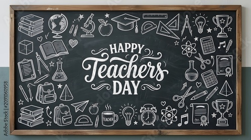 Happy Teacher's Day, Chalkboard! Background with Hand-Drawn School Education Doodles and Typography