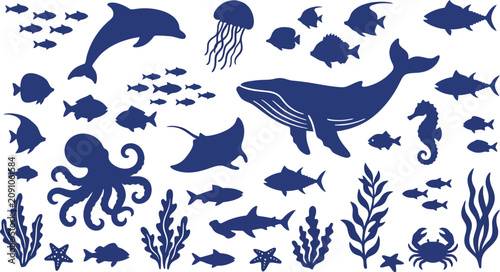 Photography Seamless Vector Pattern with Cute Blue Birds Fish Dolphins Sharks Turtles and Oc