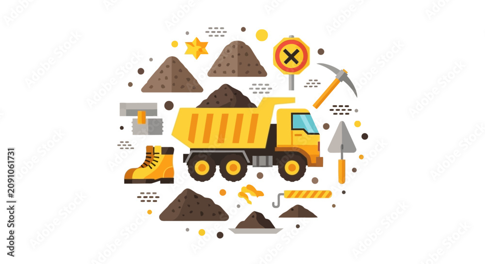 Naklejka premium Mining and Construction Industry Illustration with Dump Truck, Pickaxe, and Excavation Tools - Flat Vector Design for Industrial Concepts
