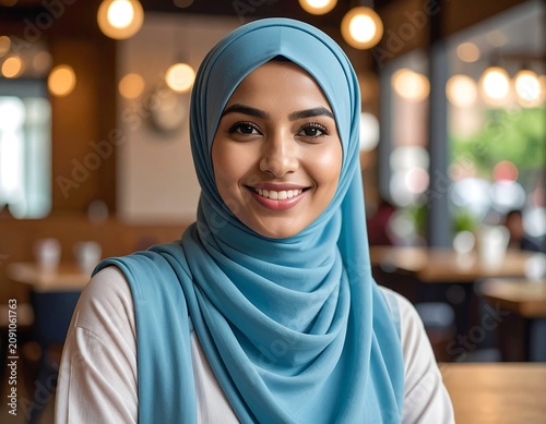 Woman in blue hijab smiles warmly, coffee shop backdrop