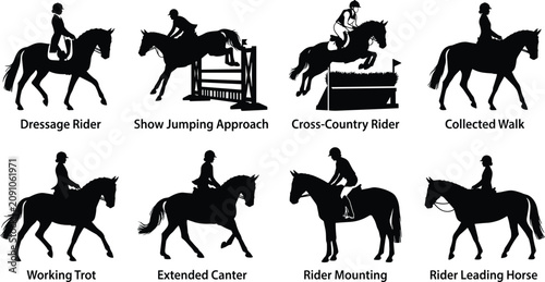 Foto Equestrian Rider and Horse Silhouettes Showing Dressage Jumping and Canter Poses