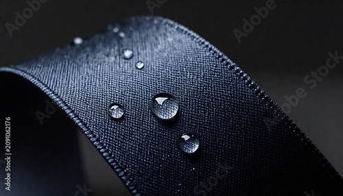 Close up of water droplets resting on a dark woven fabric ribbon