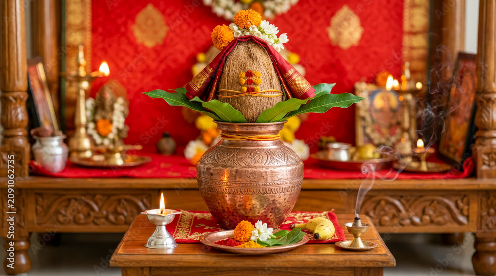 Obraz premium Pooja Kalasam, kalasha, Hindu kalasam, sacred kalasha, puja kalash, brass kalasam, copper kalasha, silver kalasha, Vedic rituals, spiritual symbolism, pooja accessories, coconut on kalash, sacred pot.