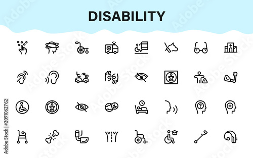 Disability icon set. Professional or modern icons illustration featuring workplace diversity inclusion standards and fair human resource symbols.