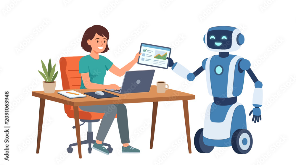 Fototapeta premium Futuristic AI Robot Assistant Helping Human User with Digital Tasks and Virtual Interface Technology