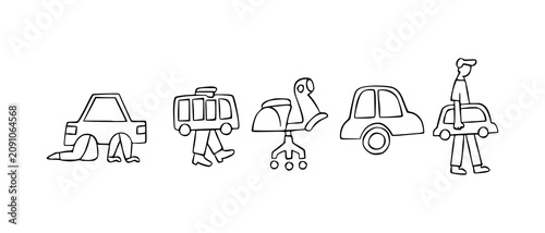Photos Set of Funny Transportation and Commuting Elements Featuring Minimalist Hand Drawn Line Art Illustration