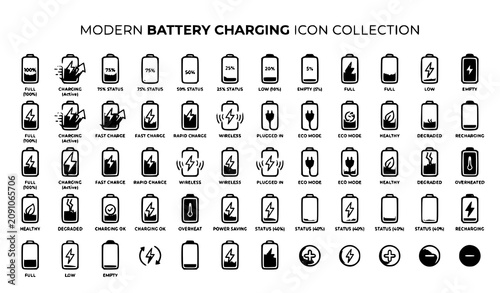 Fotografie Design an original vector collection of 32 battery and energy icons isolated on a solid white background