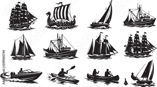 Cuadro en lienzo Collection of black and white silhouettes featuring various types of watercraft,