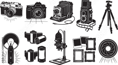 Foto Collection of vintage and modern equipment including rangefinder and dslr camera
