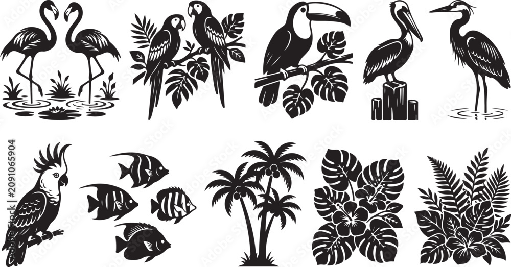 Obraz premium Set of black and white tropical featuring flamingos, parrots, a toucan, a pelican, a heron, a cockatoo, exotic fish, palm trees, hibiscus flowers, and lush monstera and fern foliage