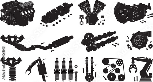 Bild auf Leinwand Set of black silhouette featuring automotive engine parts, including v8 blocks,