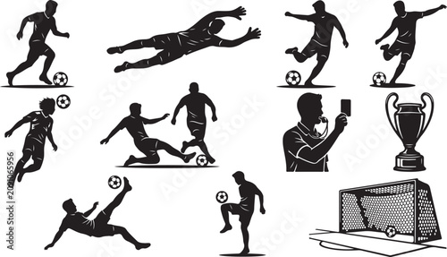 Photos Set of black silhouettes depicting soccer players in action, a referee with a wh