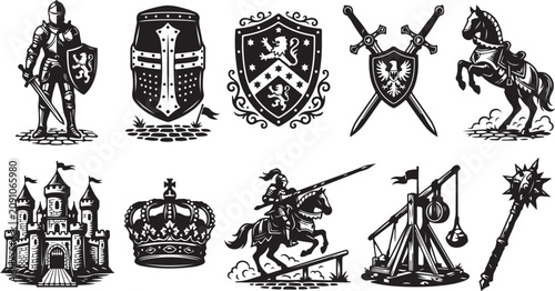 Fotografie Set of medieval featuring a knight, helmet, heraldic shield, crossed swords, rea