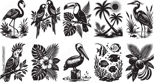 Konstfotografi Set of ten black and white tropical featuring a flamingo, parrots, toucan, palm