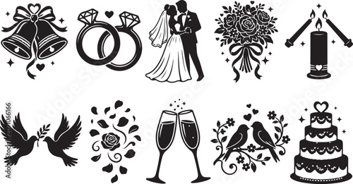 Tableau sur toile Set of ten black silhouette wedding featuring bells, diamond rings, bride and gr