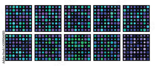 Neon pixel art icons, colorful grid patterns, vibrant dot designs, digital art elements