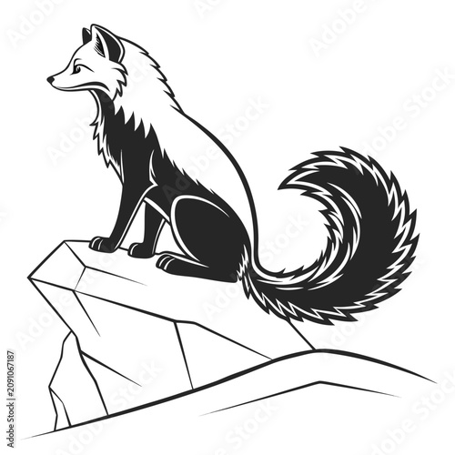 Bild auf Leinwand Minimalist graphic art of a fox with a bushy tail sitting on a rugged stone ledg