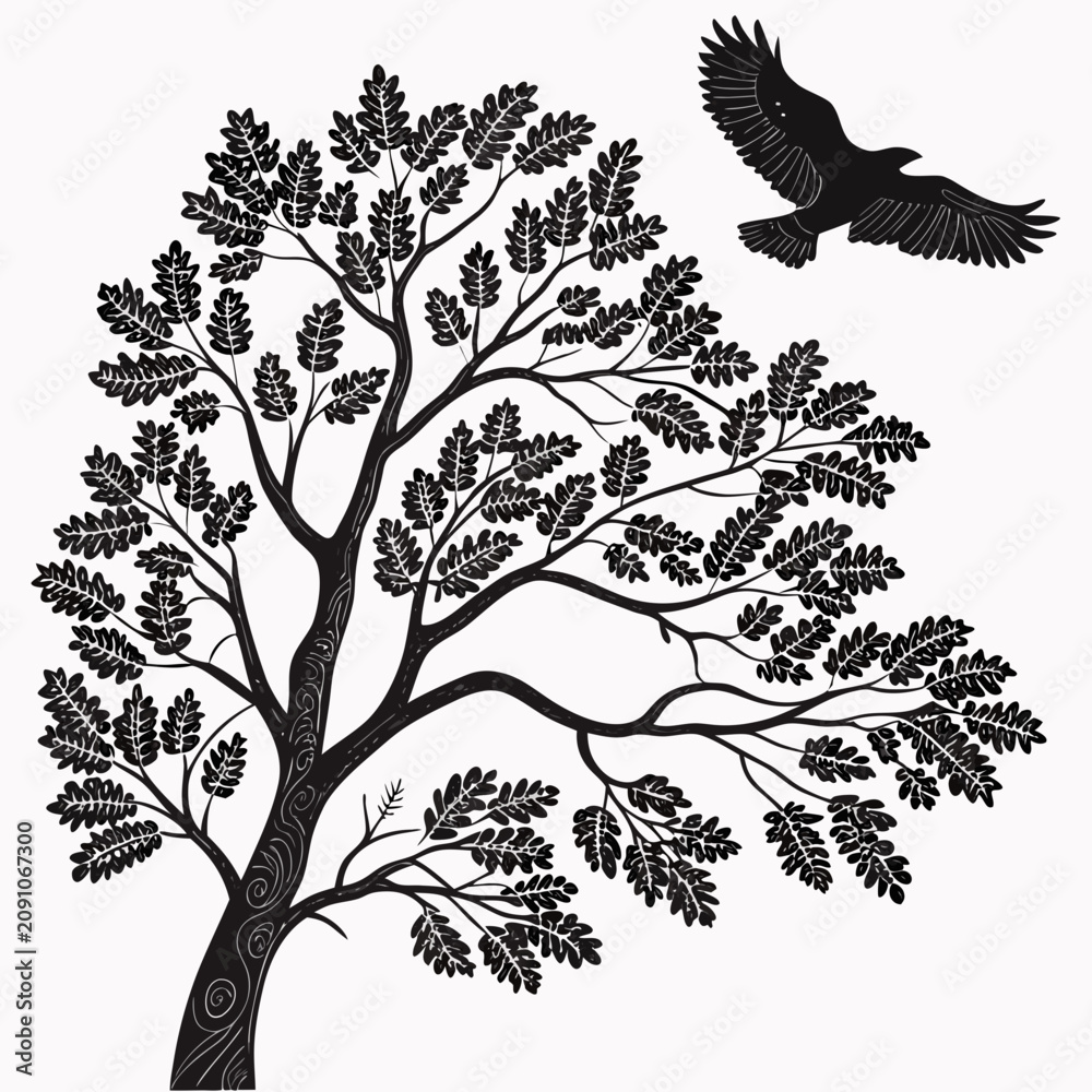 Fototapeta premium Large bird soaring above deciduous tree with lush leaves wildlife silhouette illustration