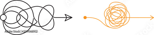 Tangled scribble lines simplifying into straight arrows vector illustration for problem solving and process optimization