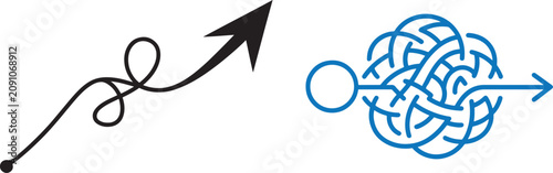 Cuadro en lienzo Looping curved arrow and tangled path with straight arrow vector icons for probl