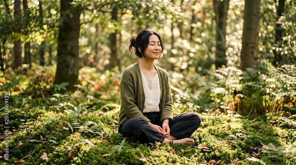 Obraz premium A serene woman sits cross-legged on lush forest floor surrounded by trees and greenery in natural environment.