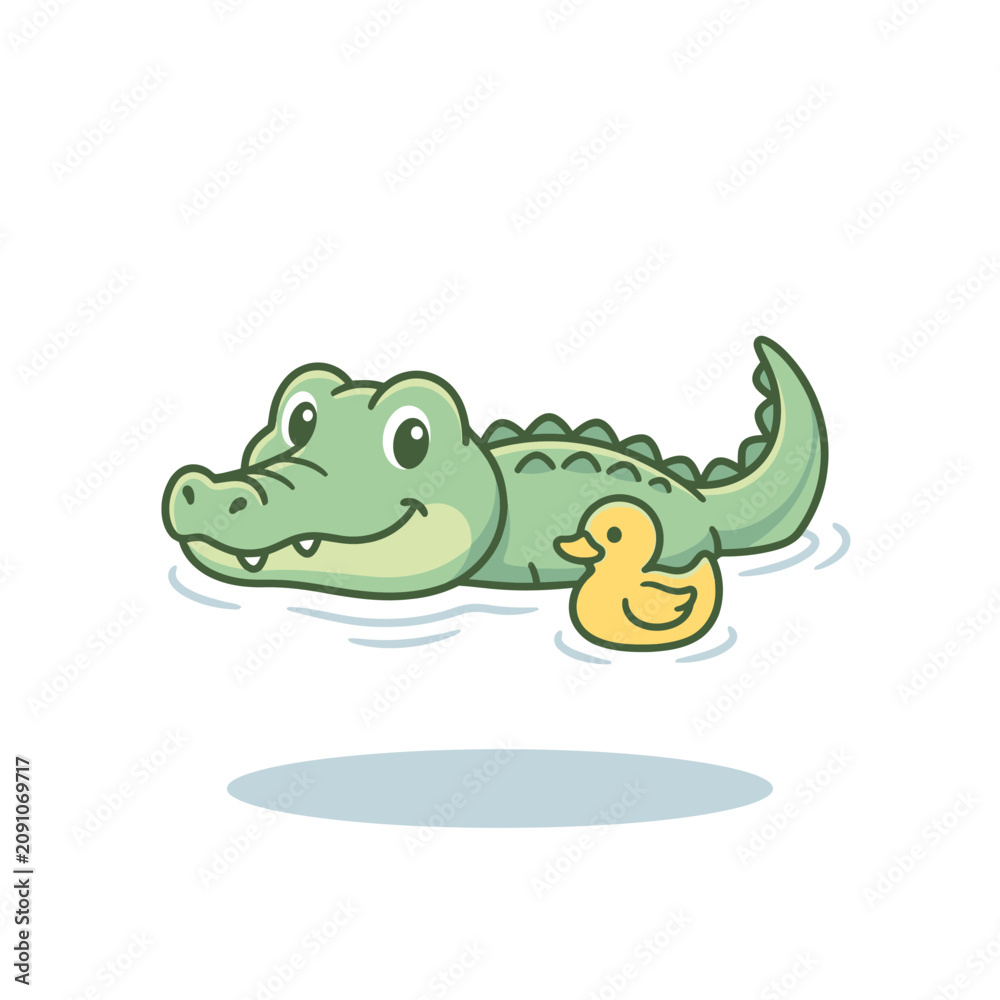 Fototapeta premium Happy green crocodile swimming with a small rubber ducky.