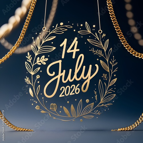 Golden Handwritten Script 14 July 2026 Ornate Wreath Celebration Decoration Hanging Close Up