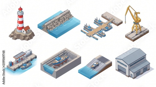 Port/harbor infrastructure for boats, shipping, and maintenance