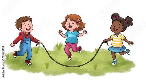 Canvas Print Diverse children playing jump rope on grass field illustration