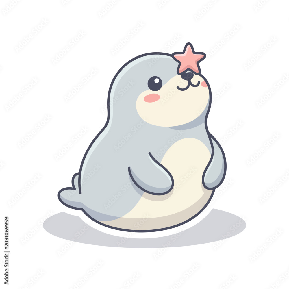 Obraz premium Kawaii grey seal character with pink star on head.