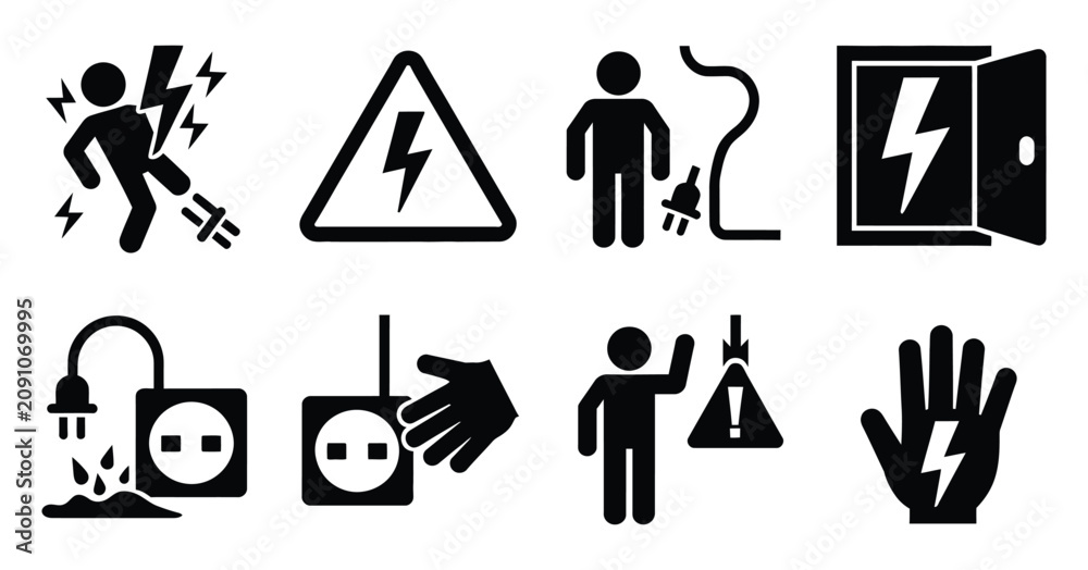 Fototapeta premium Shock hazard icon set, electric safety warning symbols, high voltage pictograms, plug and socket danger signs, power contact risks, flat black vector illustration.