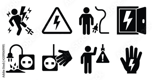 Photos Shock hazard icon set, electric safety warning symbols, high voltage pictograms, plug and socket danger signs, power contact risks, flat black vector illustration