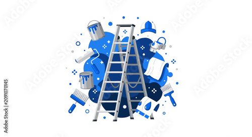 Professional House Painting and Home Renovation Concept Illustration with Ladder, Paint Cans, Brushes, and Rollers