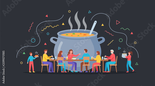 Family Dinner Illustration with Large Soup Pot and Diverse People Eating Together