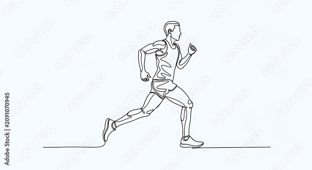 Fototapeta premium Continuous line drawing of an athletic man running in sports apparel on a white background