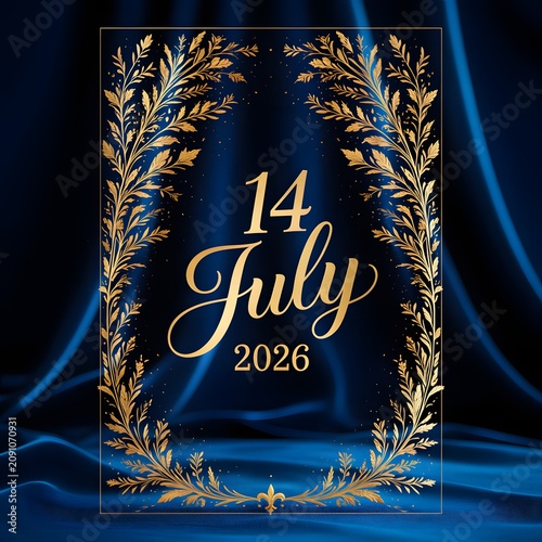 Elegant Gold Foil Calligraphy 14 July 2026 Celebration on Dark Blue Velvet Background