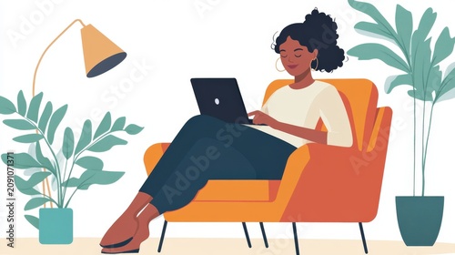 Woman comfortably uses laptop while relaxing in an armchair surrounded by houseplants.