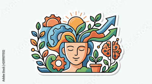 A colorful illustration of a person's head with plants and gears growing out of it