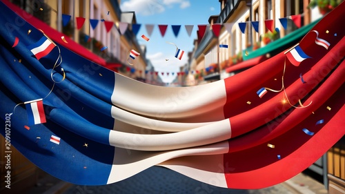 Flowing French Tricolor Fabric Panels Waving in Bright Outdoor Lighting