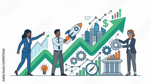 Business professionals launching a successful startup with growth charts and gears