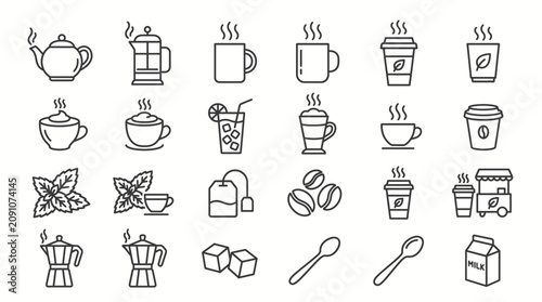 Canvastavla Coffee and Tea Beverage Line Icons Set Collection with Hot Drinks, Cafe Elements