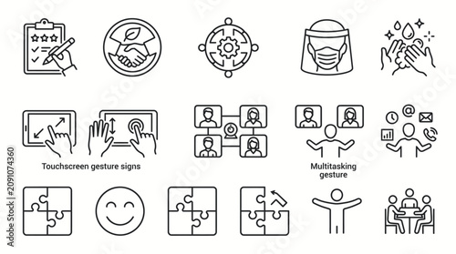Business, Collaboration, Healthcare and User Interface Line Icons Set with Touch Gestures, Teamwork, Communication and Productivity Vector Illustration